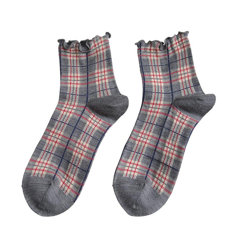 3 páry/lot Letní krátké ponožky Dámské Střapcové okraje Dívčí Studentský styl Retro Dámský styl JP Bavlna Mladá dáma Kostkované Volánky