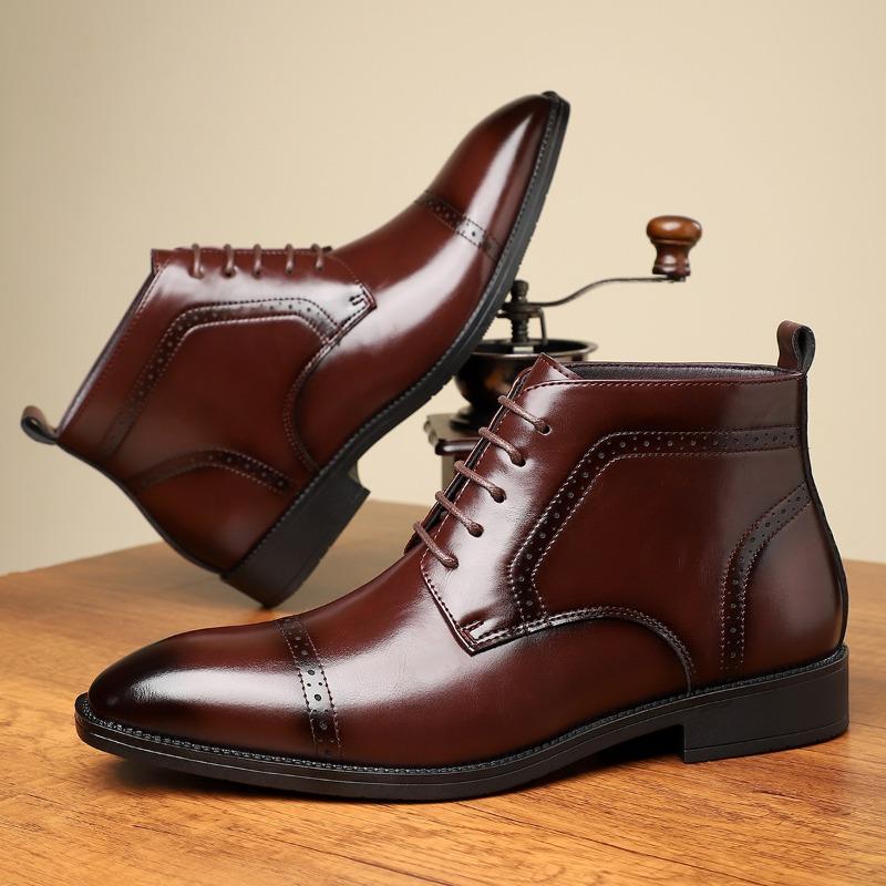 Luxury Men Leather Boots Brand Pointed End Formal Dress Boots Classic Business Casual Boot Lace-up Ankle Boots for Men Botas2025