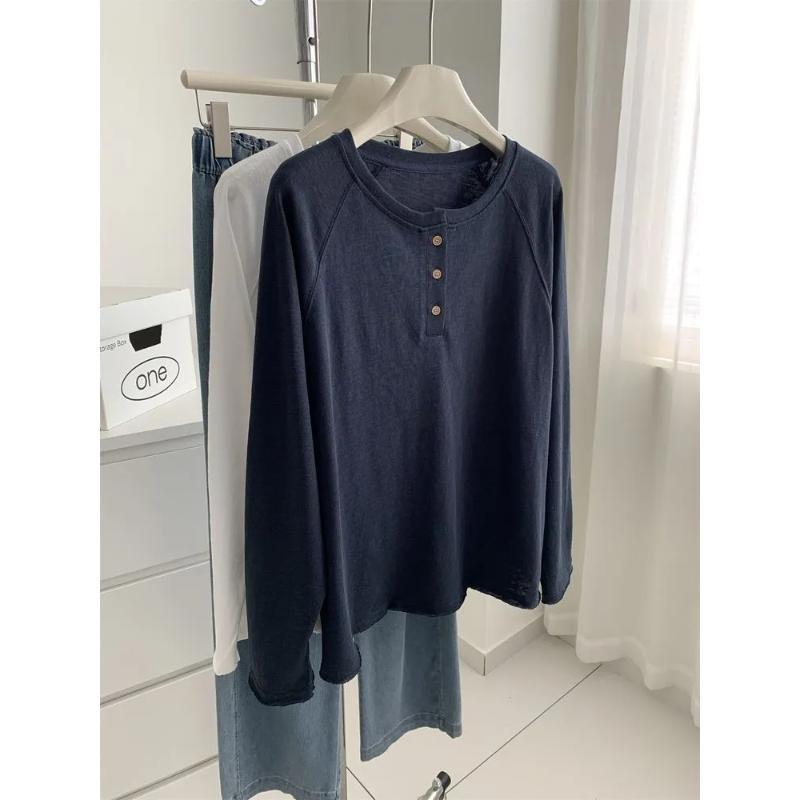 Koreanischer Stil Entspannte Minimalistische Langarm-Tops für Damen Herbst Lockeres T-Shirt Unterhemd