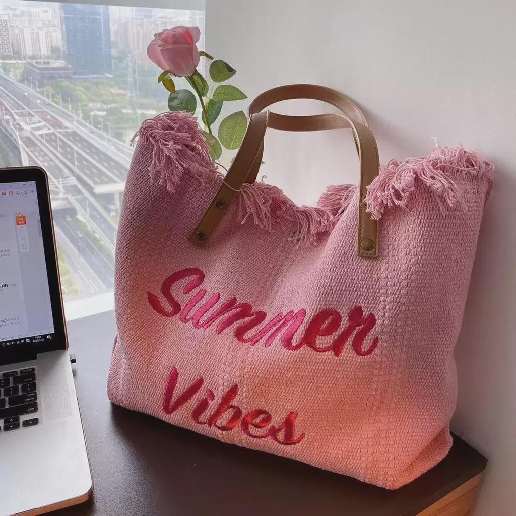 Women's Large Capacity Canvas Tote with Embroidered Letters - Braided Beach & Shoulder Handbag