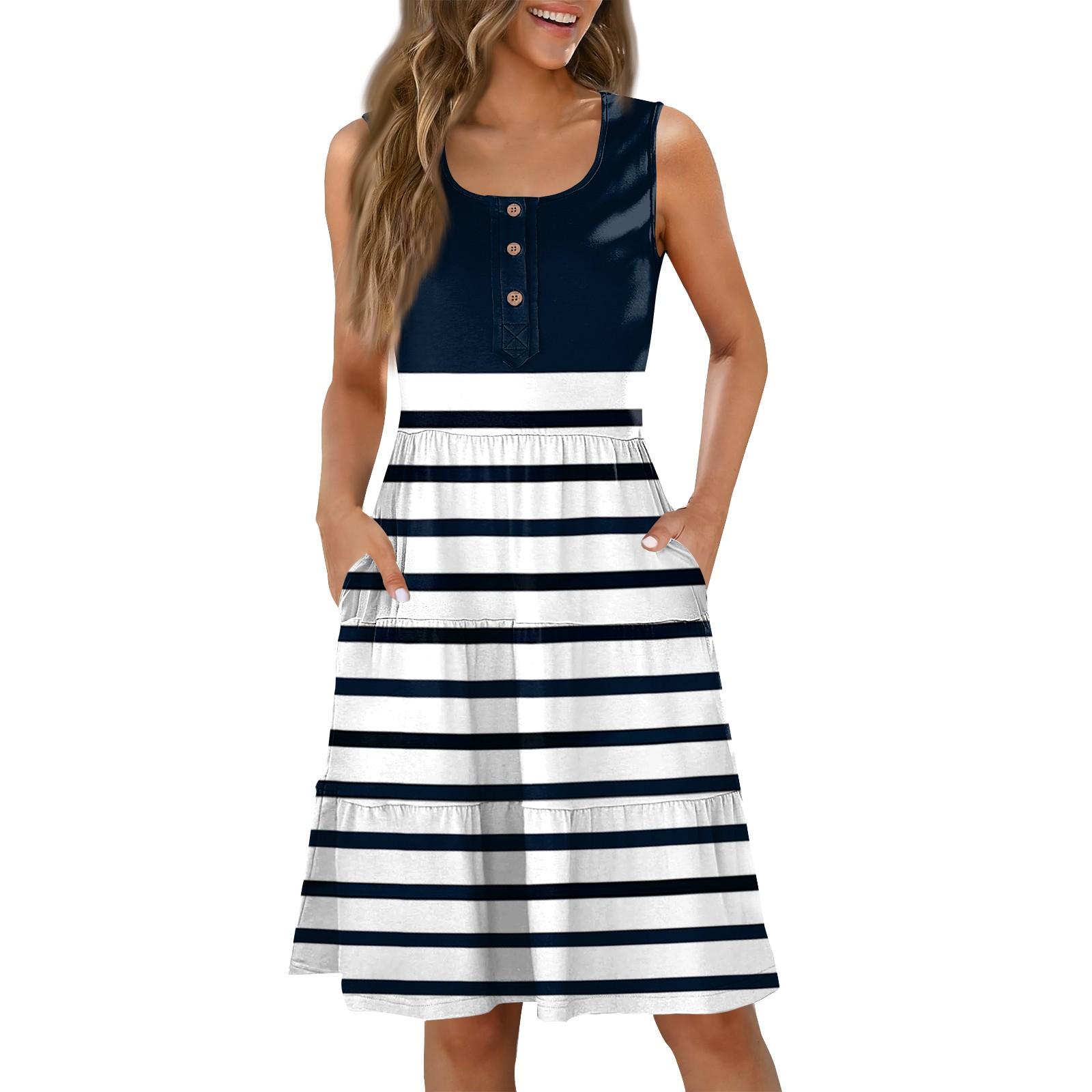 Women s Summer Button Round Neck Sleeveless Striped Printed Casual Dresses L темно-синий