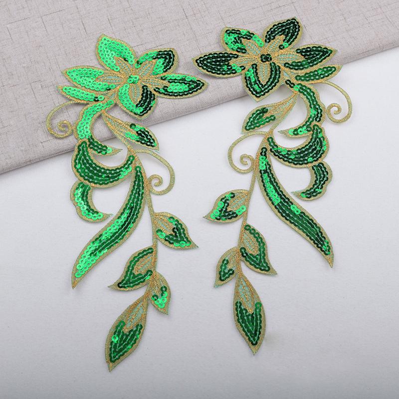 

1 пара нашивок с пайетками и вышивкой в виде цветов, приклеивающихся утюгом, для одежды, для DIY, аппликации, значки, швейная декорация зелёный