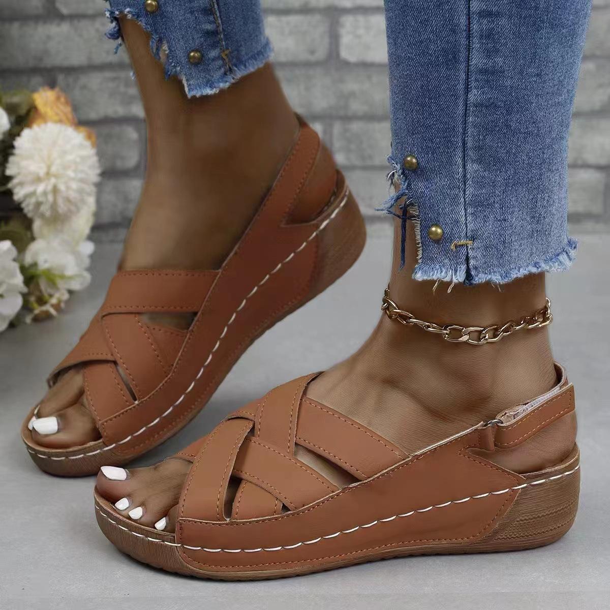 

Big new summer women s wedge heel sandals platform buckle with fish mouth sandals solid color wedge heel sandals 43 светло-коричневого