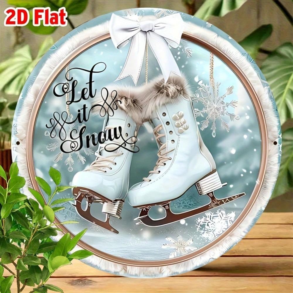 Vintage Winter Ice Skate Wreath Metal Tin Sign Snow Decor Wall Art Home Gift
