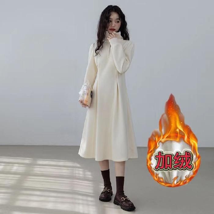 

Dress fleece thickened polo collar waffle dress women s winter dress waist thin medium and long sleeved skirt S абрикосовый