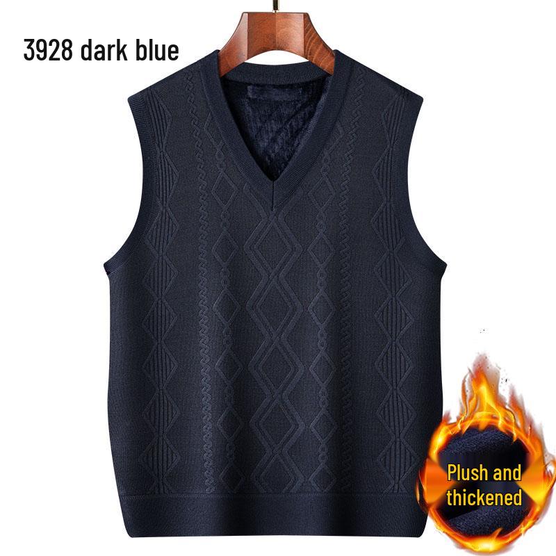 Dad's Fleece-Lined Sweater Vest: Warm Knitted Base Layer for Middle-aged and Elderly Men in Autumn and Winter.