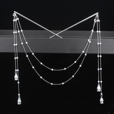 Horquilla Doble Cadena para el Cabello Borla de Perlas Palillo para el Cabello Nunchaku Pasador de Pelo Estilo Chino Retro Accesorios para el Cabello para Hanfu Diademas Adornos