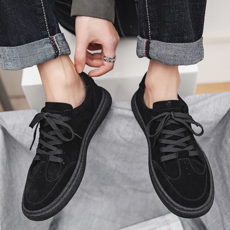 2808 Spring New Product Solid Color Cowhide Casual Men's Shoes Low Top Versatile Trend Fur Sports Board Shoes