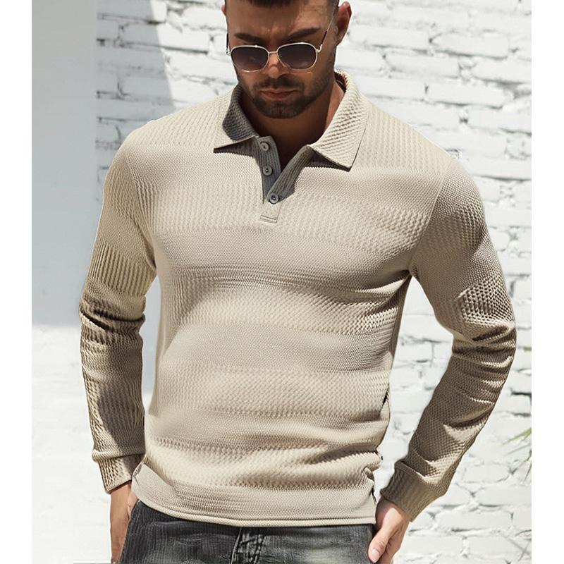 Men's White Waffle Textured Lapel Long Sleeve Slim Fit Polo Shirt