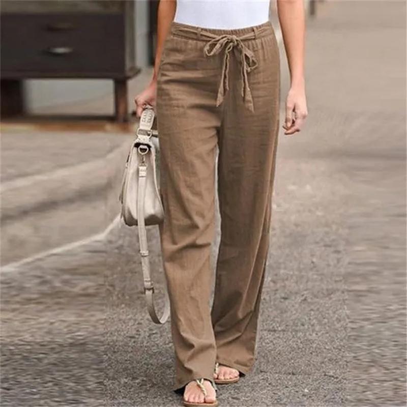 Linen Pants Cotton Summer Women Fashion Elastic Waist Loose Straight Pants Female Casual Solid Color Anklelength Trousers