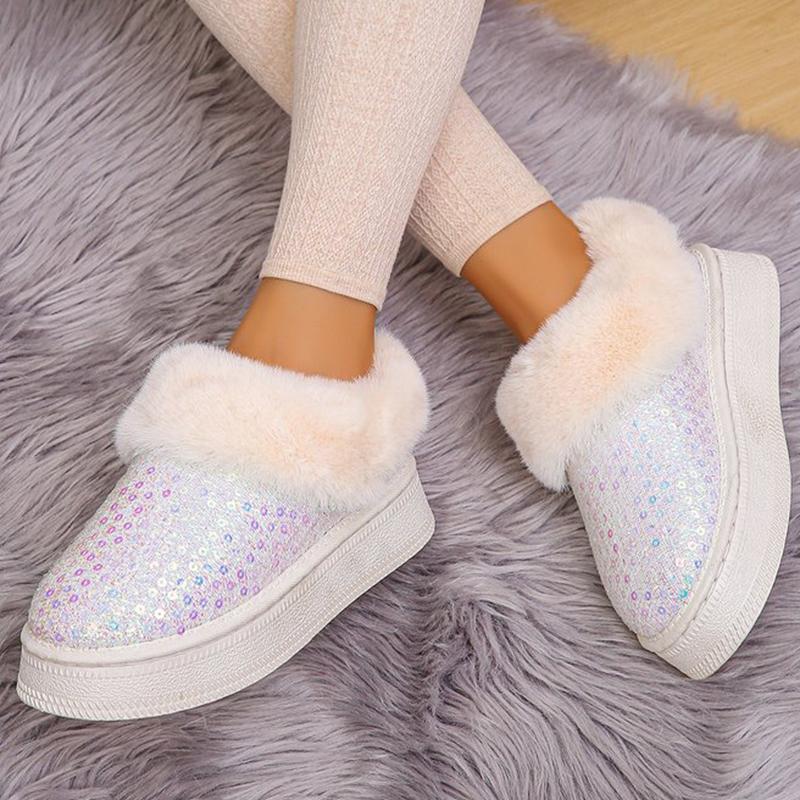 

Fashion Fashion Bling Sequin Fur Snow Boots Women Comfy Slip On Thicken Plush Warm Winter Boots Woman Non Slip Faux Fur Ankle Booties 42 белый