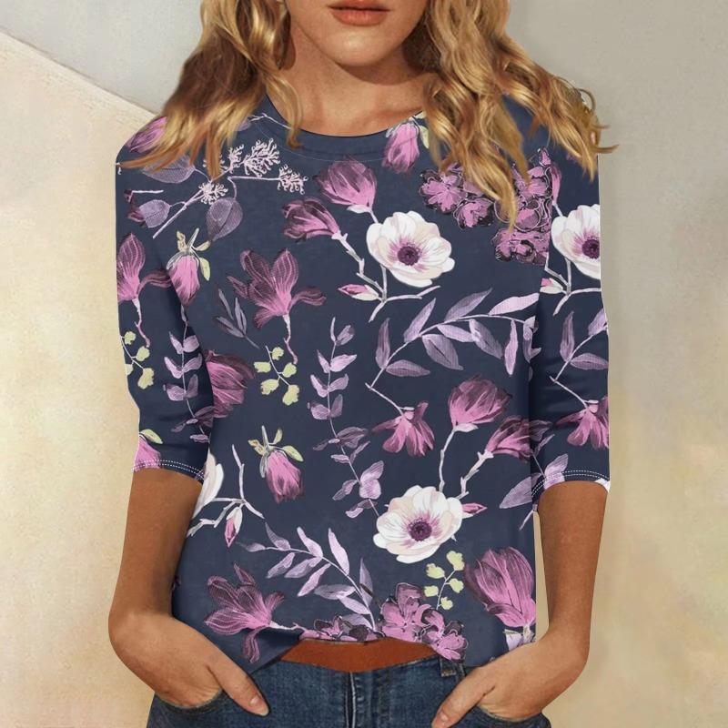 Women's floral print fashionable casual round neck long sleeved shirt