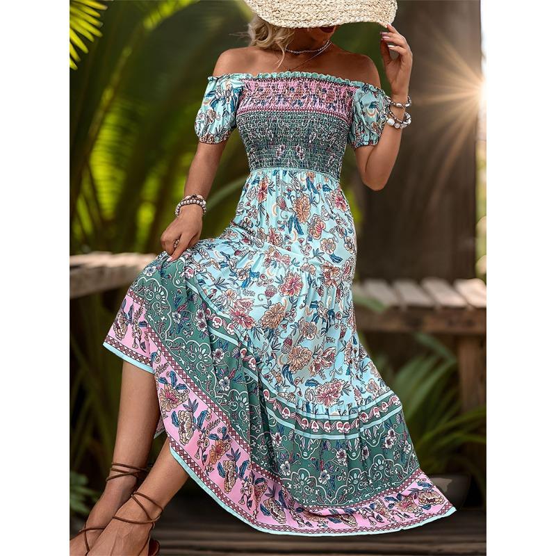 Women's Summer Vintage Ethnic Vacation Off-the-Shoulder Print Dress