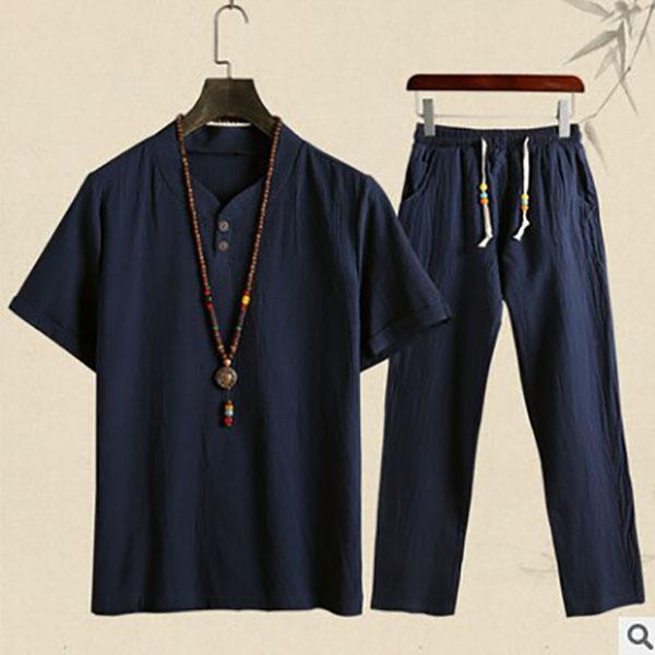 Men's Summer Chinese Style Sets Vintage Cotton Linen Short Sleeve V-neck Shirt and Pants Suit Sets Loose Casual Men Outfits