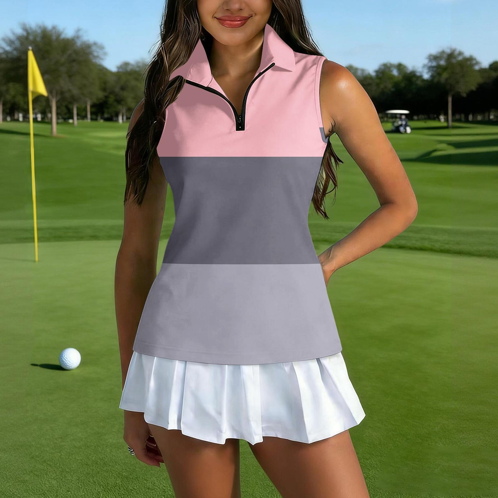 

Women Sleeveless Golf Polo Shirt Zip Up Collar Striped Printed Athletic Tank Top for Sports and Outdoor Activities S рожевий
