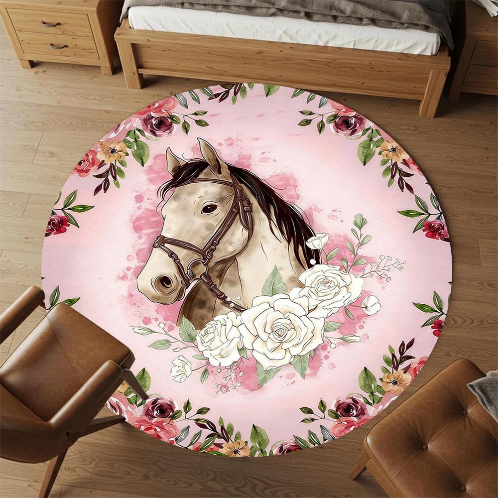1pc Horse Floral Round Chair mat office Area Rug - Non-Slip, Floor Mat for Office, Bedroom, and Indoor Decor p127230
