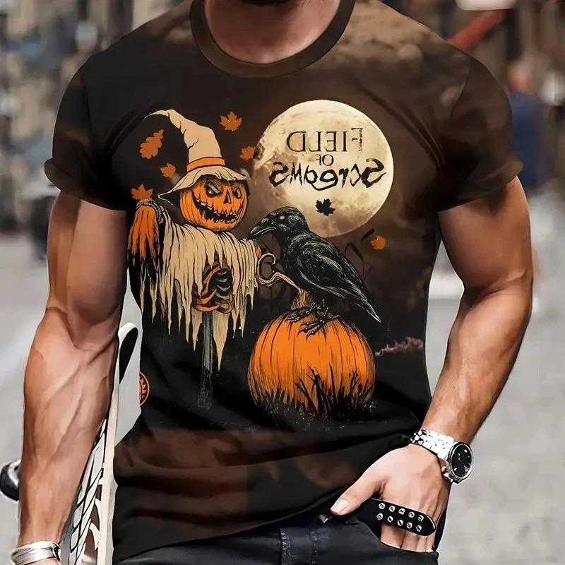 Halloween Men s Horror Pumpkin 3D Printed T-shirt Crew Neck Short-Sleeve Casual Top Stylish S