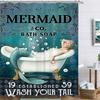 Ocean Shower Curtain Mermaid Bathroom Curtains 60Wx72L Inch Teal Blue Funny Wash Your Tail Bathtub Bubbles Sea Bath Soap Vintage