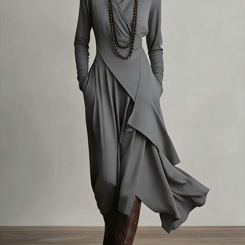 Women Clothing Fall Solid Color Long Sleeve Turtle Neck Maxi Dress