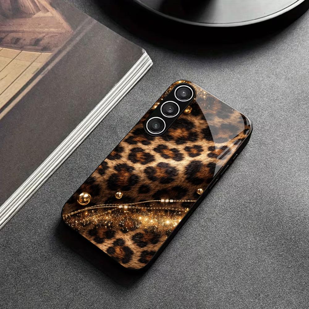 Dark Leopard Print Pattern PhoneCase Glass PhoneCase for Samsung Galaxy S26 S25 S24 S23 S22 FE Ultra Plus Scratch Proof Smooth