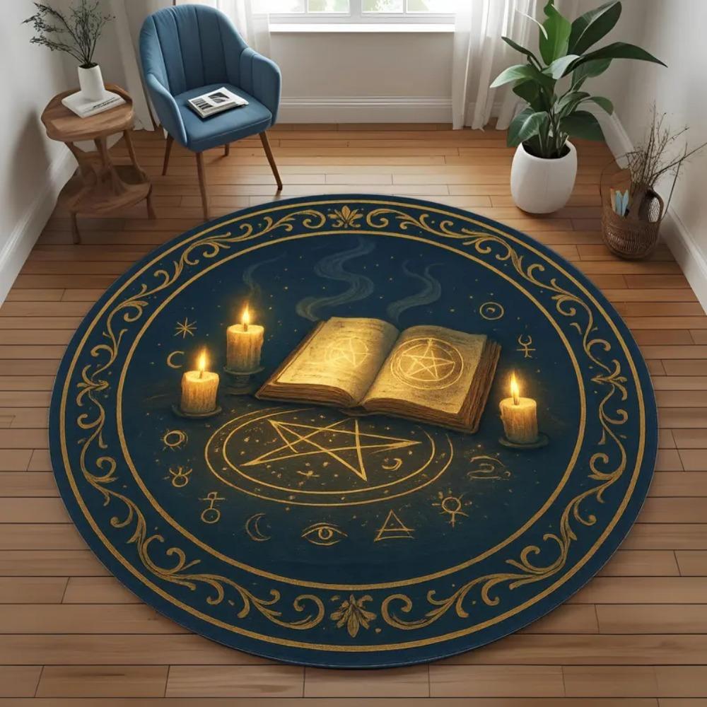 Round Witchcraft Altar Rug Pentagram Magic Book Design Occult Gothic Decor Washable Carpet for Living Room Bedroom Floor Mat