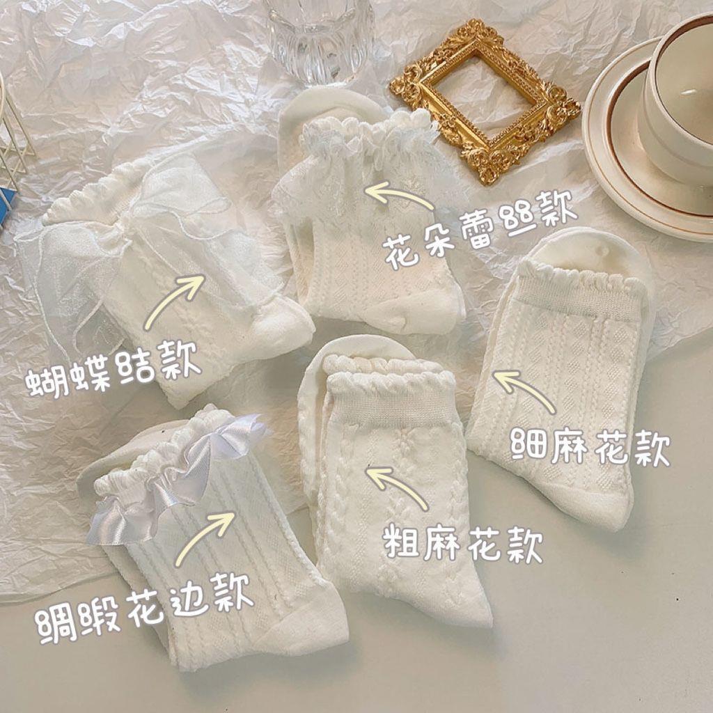 Lolita White bow lace mid-calf women s socks, summer thin style, Japanese college style, sweet lace jk Princess socks Average Size