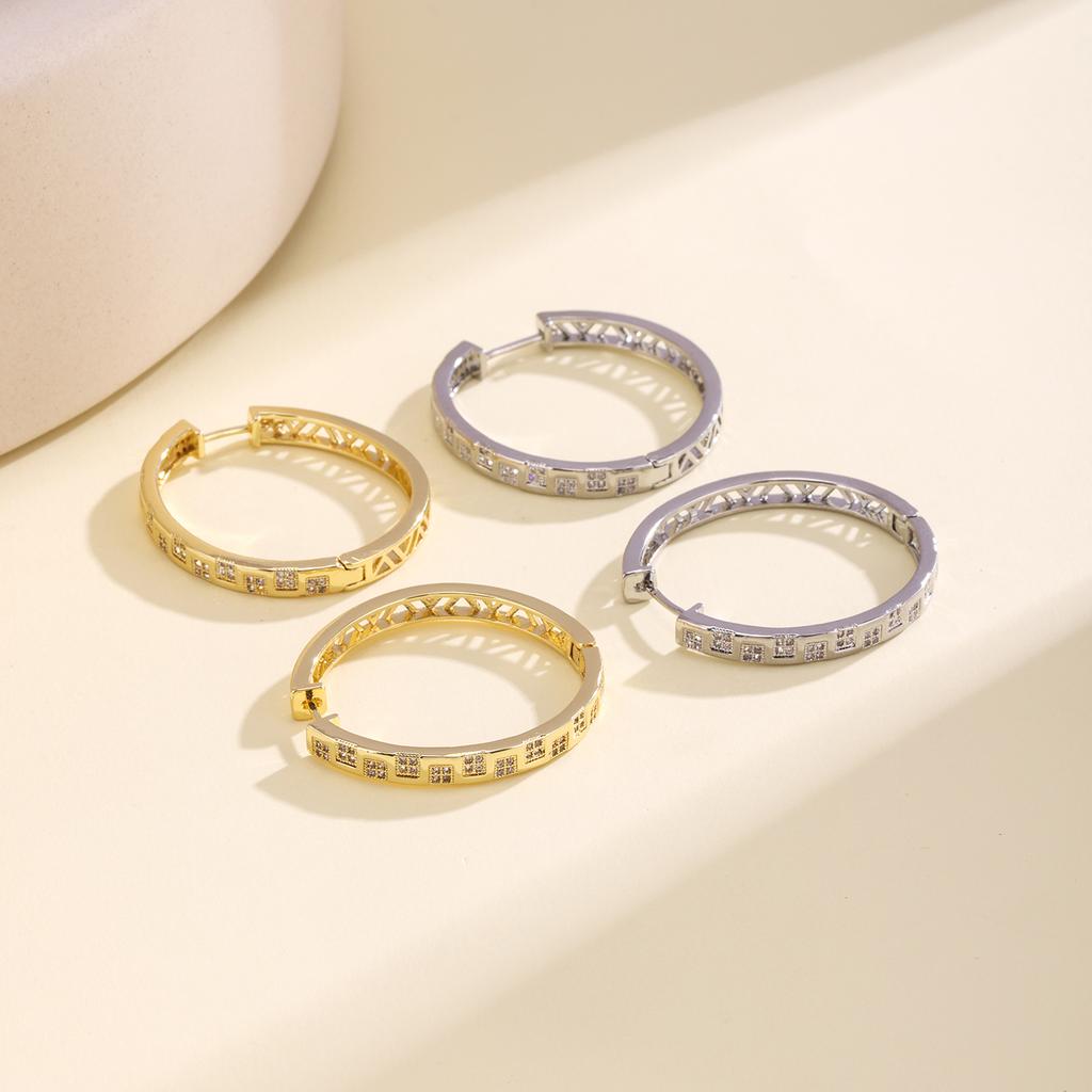 Nidin Minimalist Geometric Hoop Earrings For Women Cubic Zirconia Inlaid Hollow Pattern Fashion Ear Jewelry Party Daily Wear