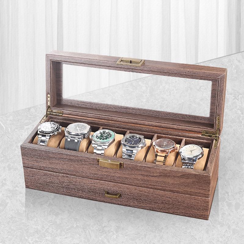 Carbon Fiber PU Double Layer Watch & Jewelry Storage Box - Holds 6 Watches & Cufflinks