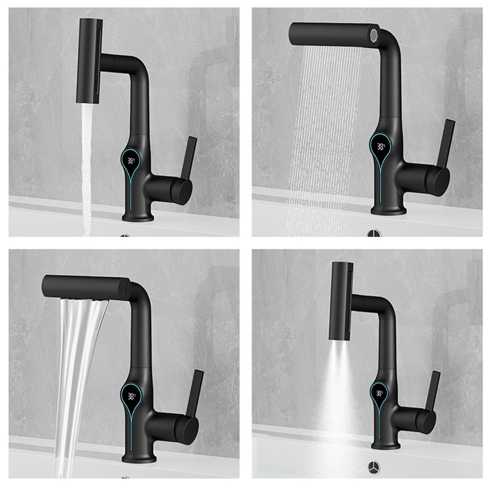 Waterfall Pull Out Kitchen Faucet Black Intelligent Digital Display Cold Hot Mixer Taps Rotatable Sink Lifting Basin Faucet