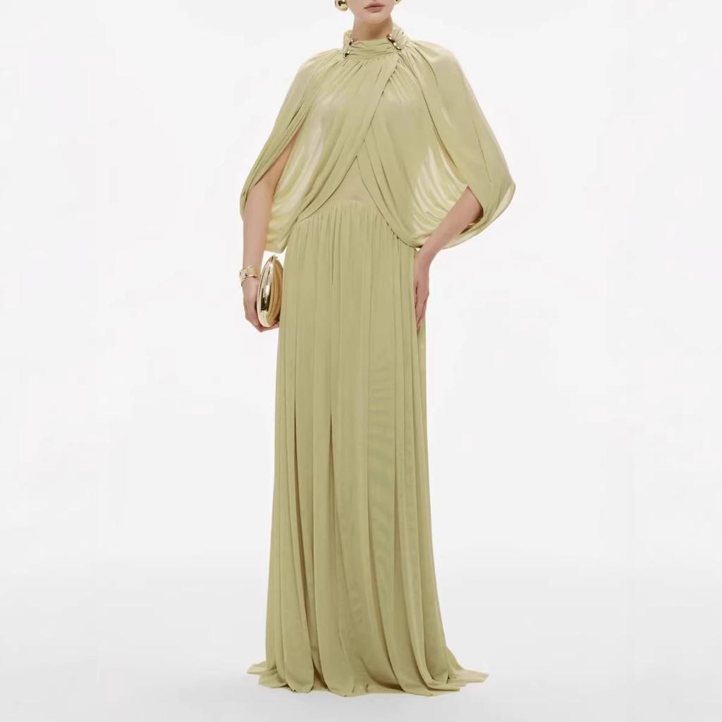 Abito Maxi da Donna con Scollo Alto, Maniche a Mantella, Pieghe, Verde Uniforme, Elegante Abito da Sera Formale
