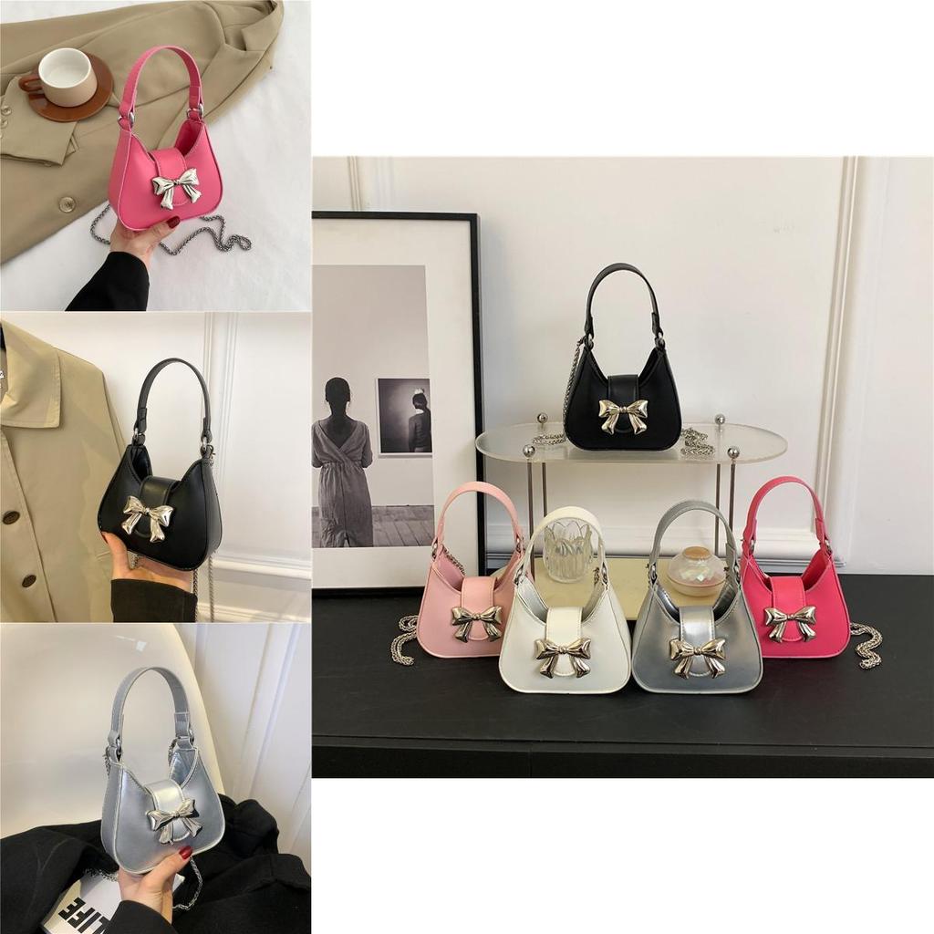 Black Pu Material Butterfly Knot Women's Bag 2024 Urban Simple Style Chain Shoulder Crossbody Handbag