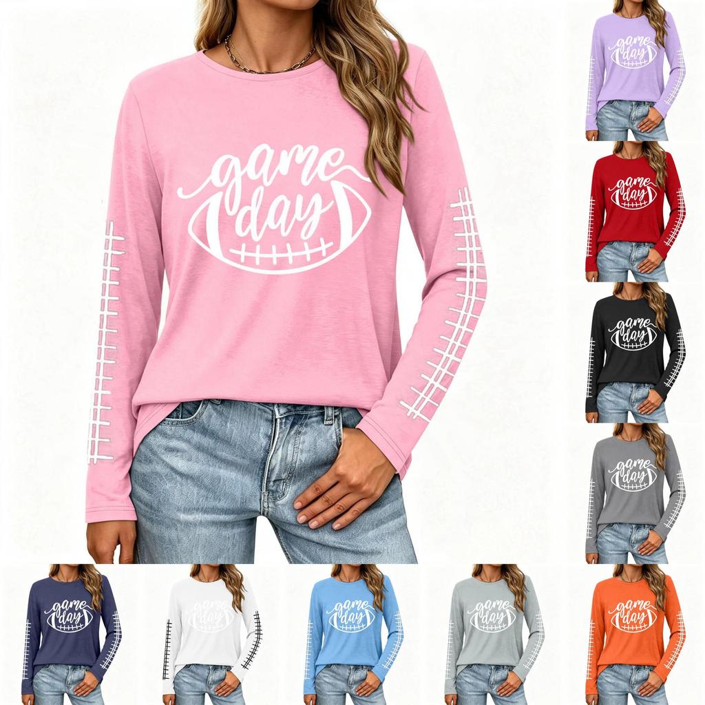 Women's Casual Long Sleeve Neck Top with Rugby Print and Side Slit for Everyday Wear