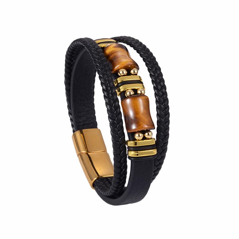 Personalized Tiger Eye Bracelet - Multi-layer Leather String Necklace with Stainless Steel Magnetic Clasp As A Handpiece Decoration