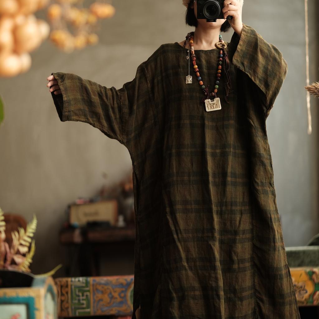 Johnature Damen Vintage Winter Grünes Gestreiftes Kleid O-Ausschnitt Langarm Locker Hohe Qualität Damenkleid