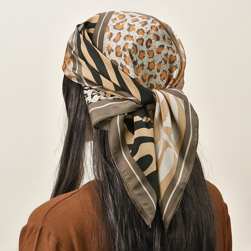 68*68cm Leopard Print Silk Scarf for Women Imitation Silk Light Luxury Versatile Headwear Bag Decoration Clothing Square Scarf