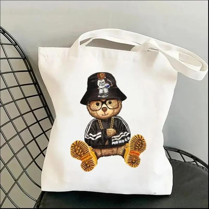 Harajuku Cute Bear Art Shoulder Bags Kawaii Tote Handbag Canvas Girl Environmental Large Capacity Portable Shopping Bag