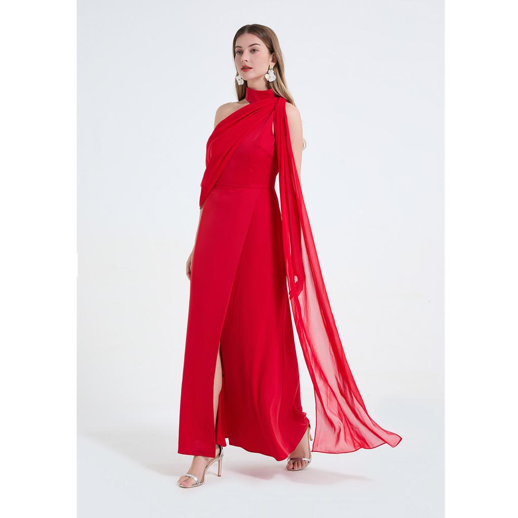 Sexy Off-the-Shoulder Patchwork Halter-Neck High-Waisted Slit Dress Women's Elegant and Flowing Slit Evening Gown Summer Dress