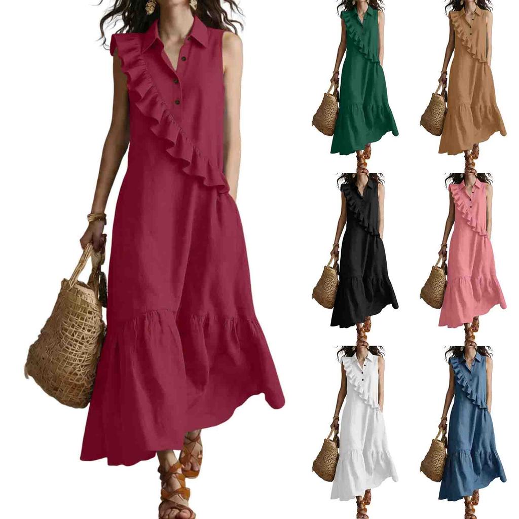 Women's Sleeveless V Neck Vintage Ruffle Midi Dress Casual Solid Relaxed Fit Summer Sundress for Daily Wear Vacation