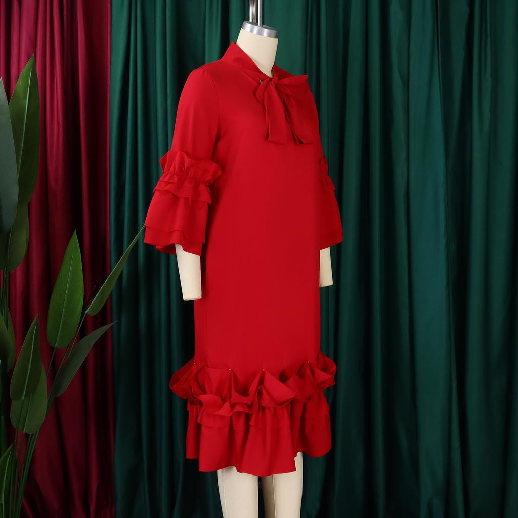 Elegant Office Dresses Women Bow Collar Ruffles Sleeve Straight Mid Calf Fashion Formal Female Business Work Wear Dress Midi Hot