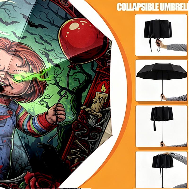 Custom Name Personalized Horror Movie Print Umbrella, Auto Open Close, 8‑Rib Sturdy Frame, Commute Camping Hiking Use, Birthday Gift