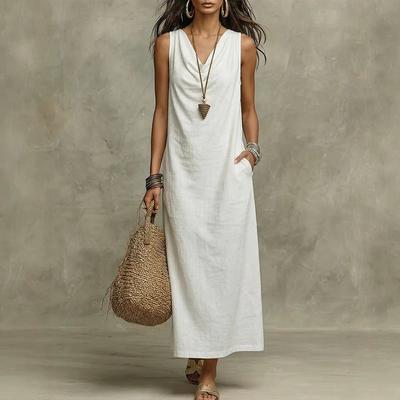 Women's Cowl Neck Sleeveless Maxi Dress Loose Fit Casual Solid Color Linen Blend Long Dress With Pockets