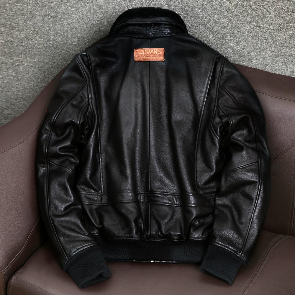 Mens Leather Bomber Jacket Genuine Cowhide Pilot Flight Jacket Cotton Lined Winter Coat