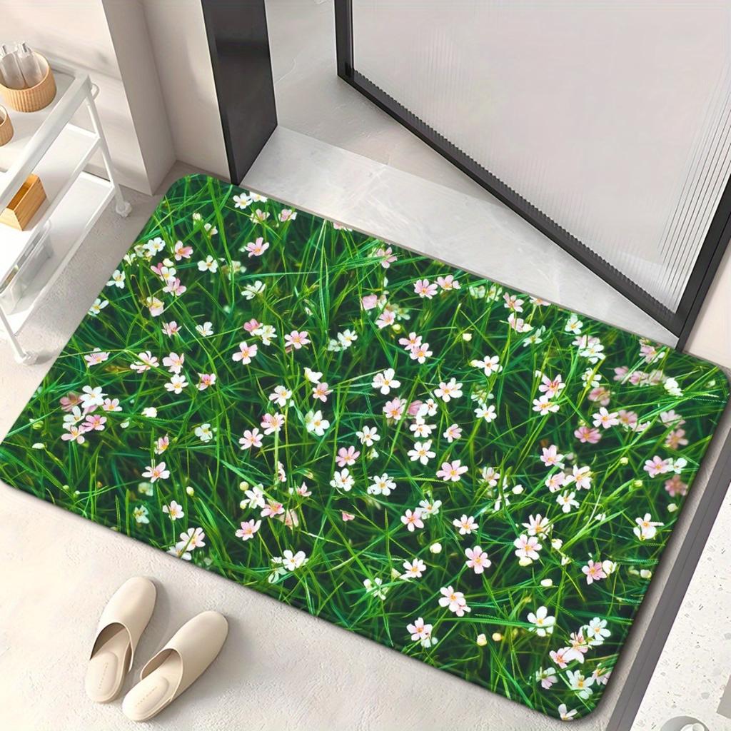 1pc Floral Grass & White Flowers Doormat Non-Slip Absorbent Microfiber Rug for Bathroom Bedroom Entryway