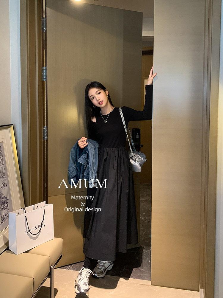 

Hepburn style hollow knitted long-sleeved dress women s spring and autumn new design sense niche temperament slim and thin long dress S чёрный