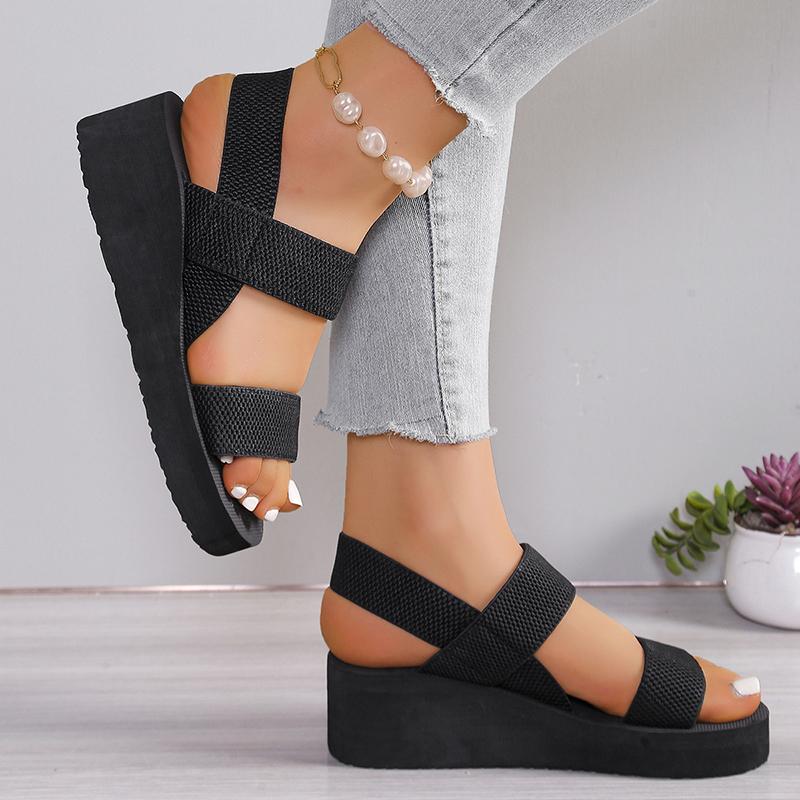 Black Elastic Band Wedge Sandals for Women Summer 2025 Lightweight Non Slip Beach Shoes Woman Plus Size Fashion Platform Sandals
