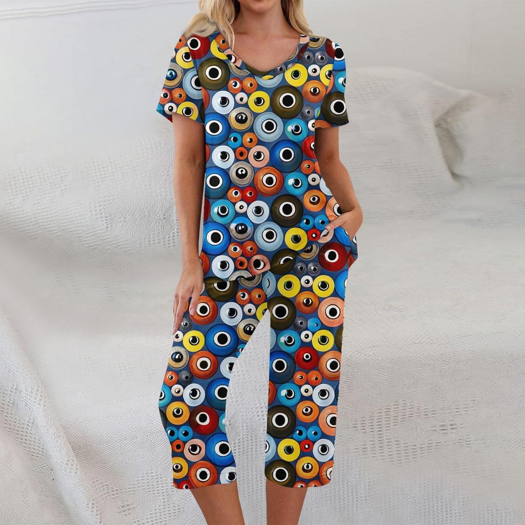 2 Piece Sets For Women Short Sleeve Top And Pants With Pockets Workout Soft Halloween Print Sets