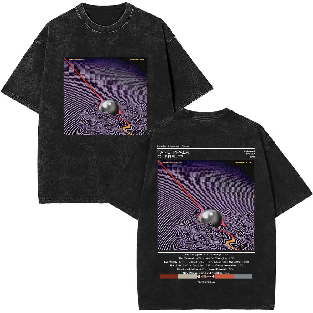 VintageWashed  Pop Rock Band Tame Impala Currents Graphic Print T Shirts Men Women Casual Cotton Oversized Short Sleeve Tshirt