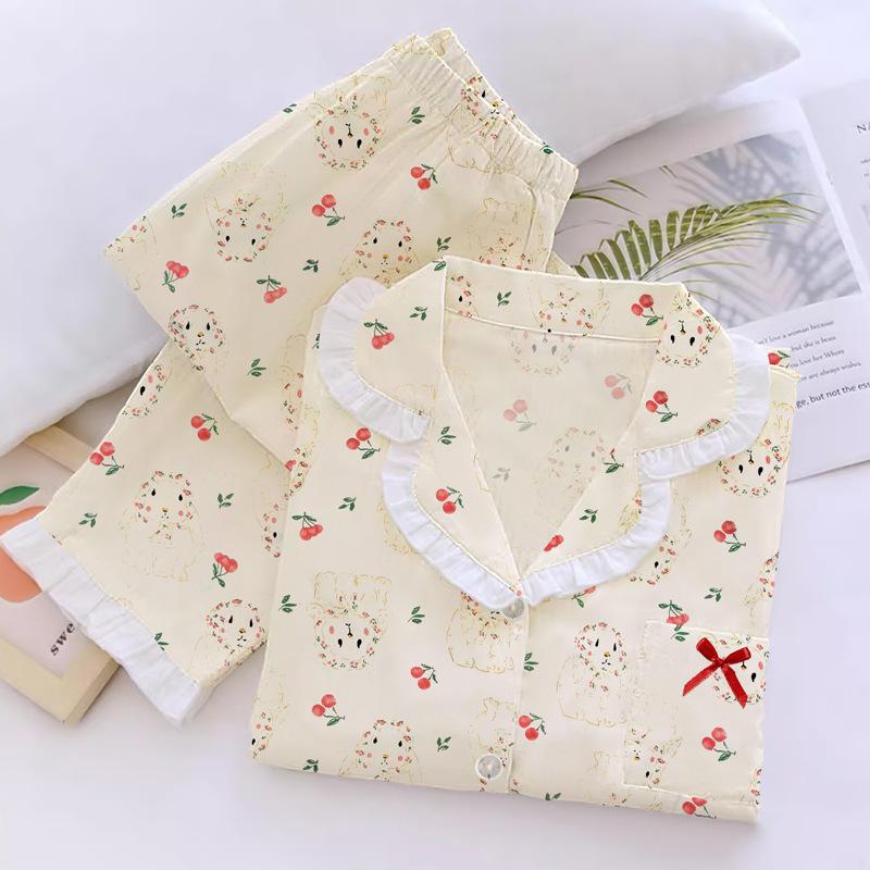 

Sweet lace pajamas women s spring and autumn long-sleeved suit imitation cotton cartoon new women s loungewear 2XL [Recommended 130-75kg]