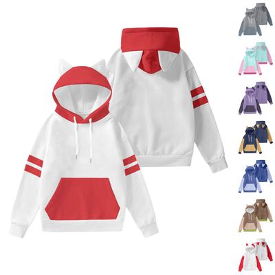 Dziecięca Modna Lekka Bluza Pulower z Długim Rękawem z Nadrukiem Color Block i Uszami