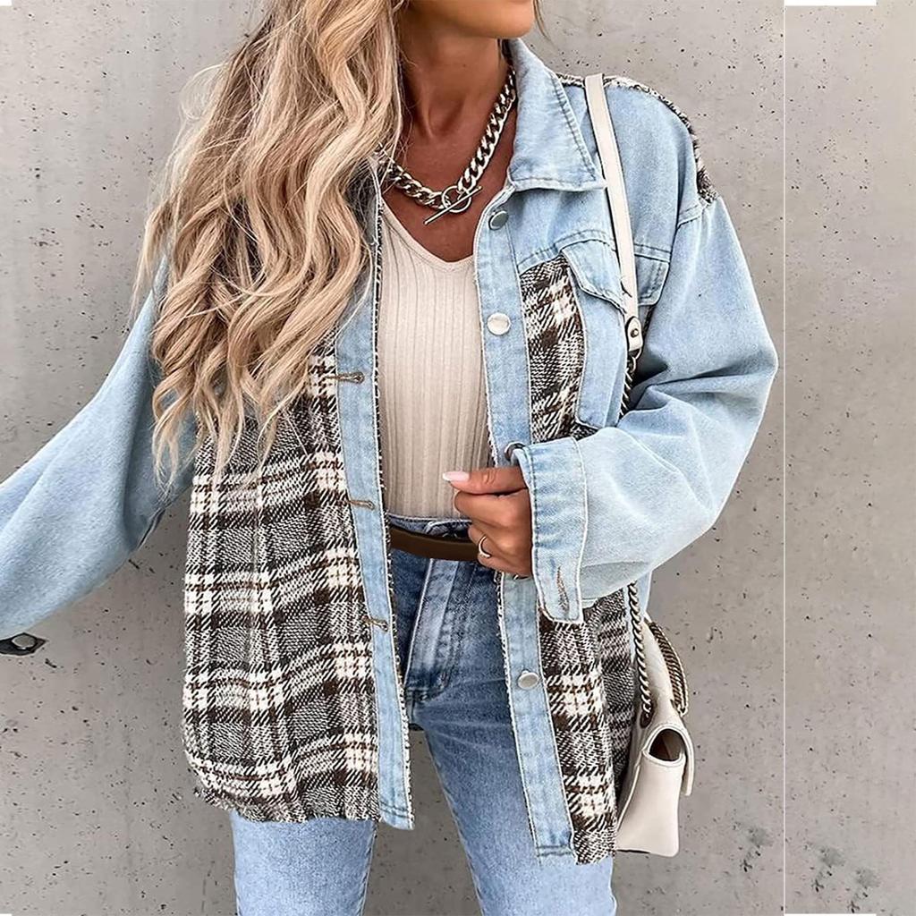 Jachetă de damă Jachetă de blugi cu mânecă lungă în carouri Cămașă cu nasturi Top